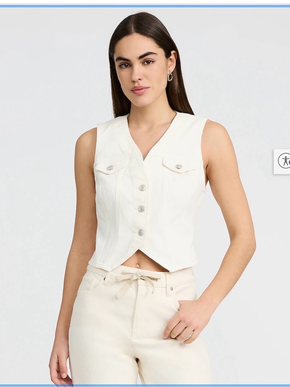 Express, women’s jean vest in cream.